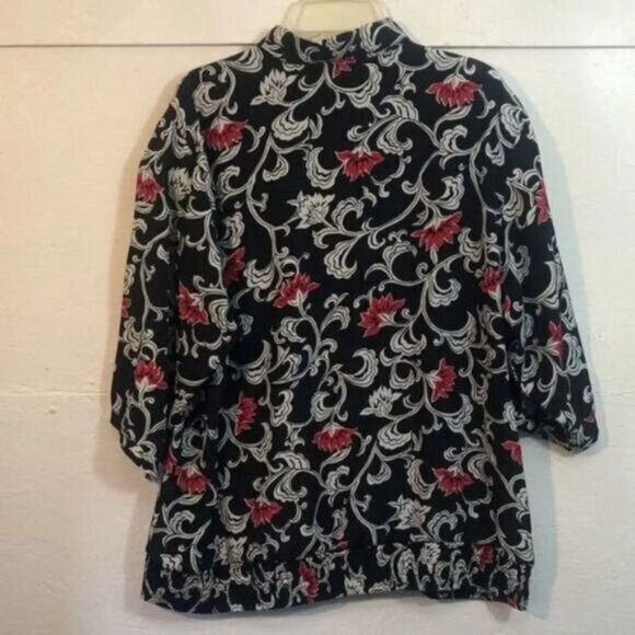 Alfred Dunner Floral Print Top Size 18 Button Down Black Red White - Picture 2 of 9
